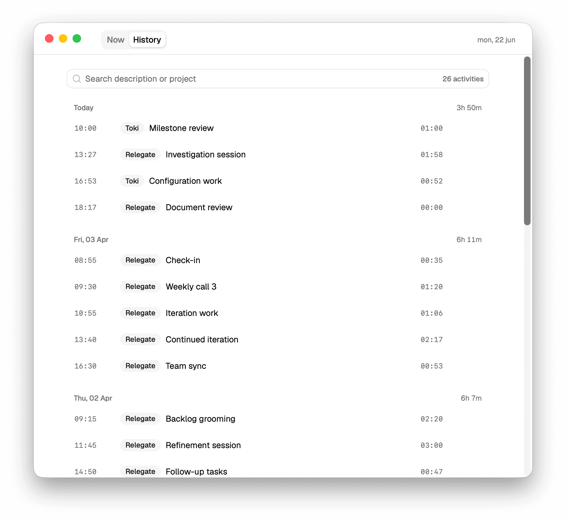 The Tokify app window showing the History view: a list of past activities grouped by day