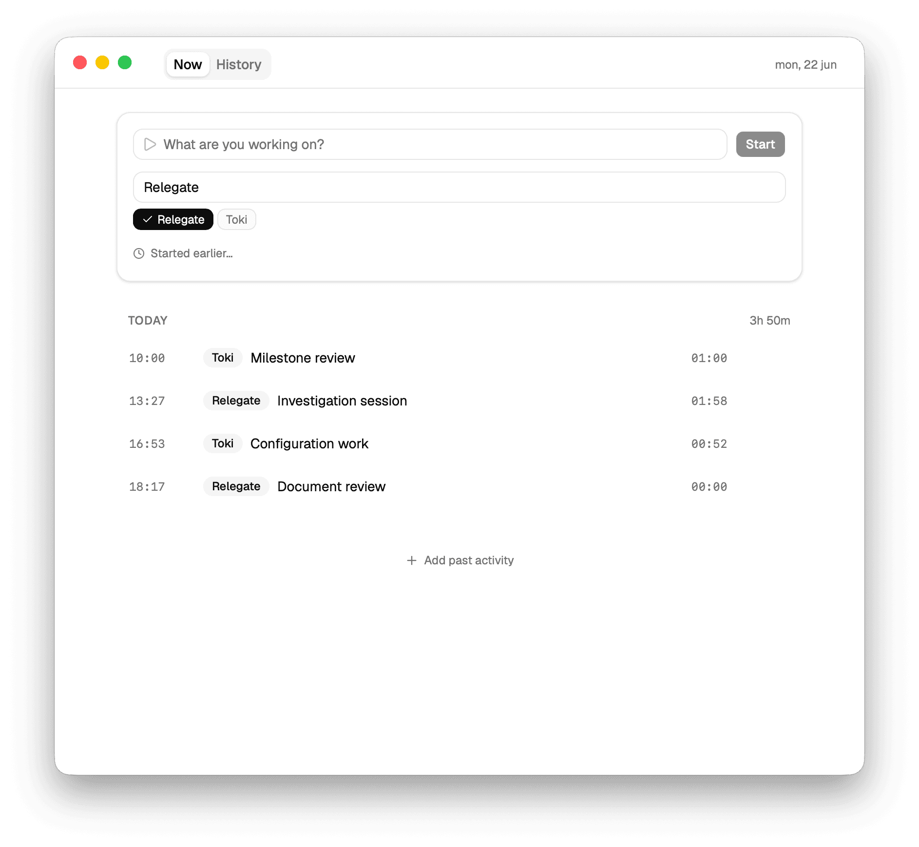 The Tokify app window showing the Now view: an activity input, a running timer, and a Start button